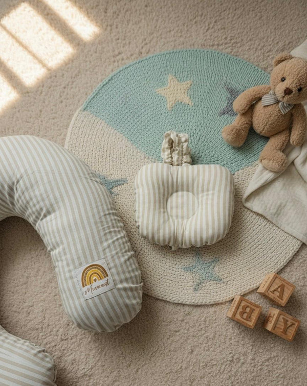 Printed Cotton Baby Nursing Pillow with Removable Cover & Head Pillow – Beige Stripes