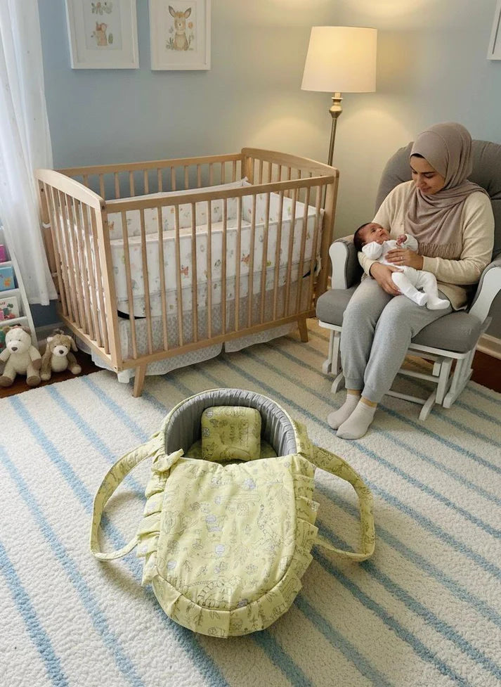 Printed Cotton Baby Basket with Head Pillow – Gray