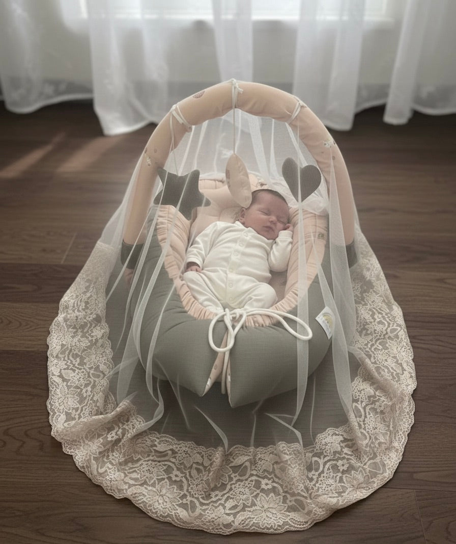 Cotton / Waffle Baby Snuggle Bed with Pillow and Mosquito Net – Beige