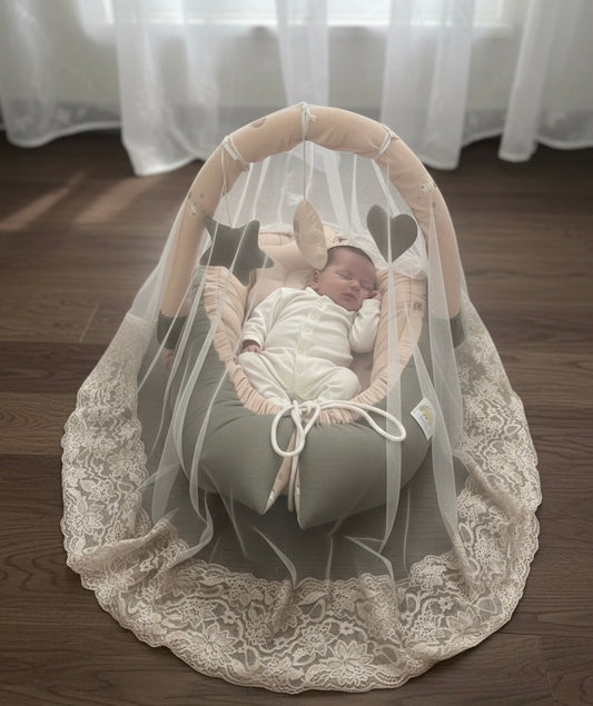 Cotton / Waffle Baby Snuggle Bed with Pillow and Mosquito Net – Beige