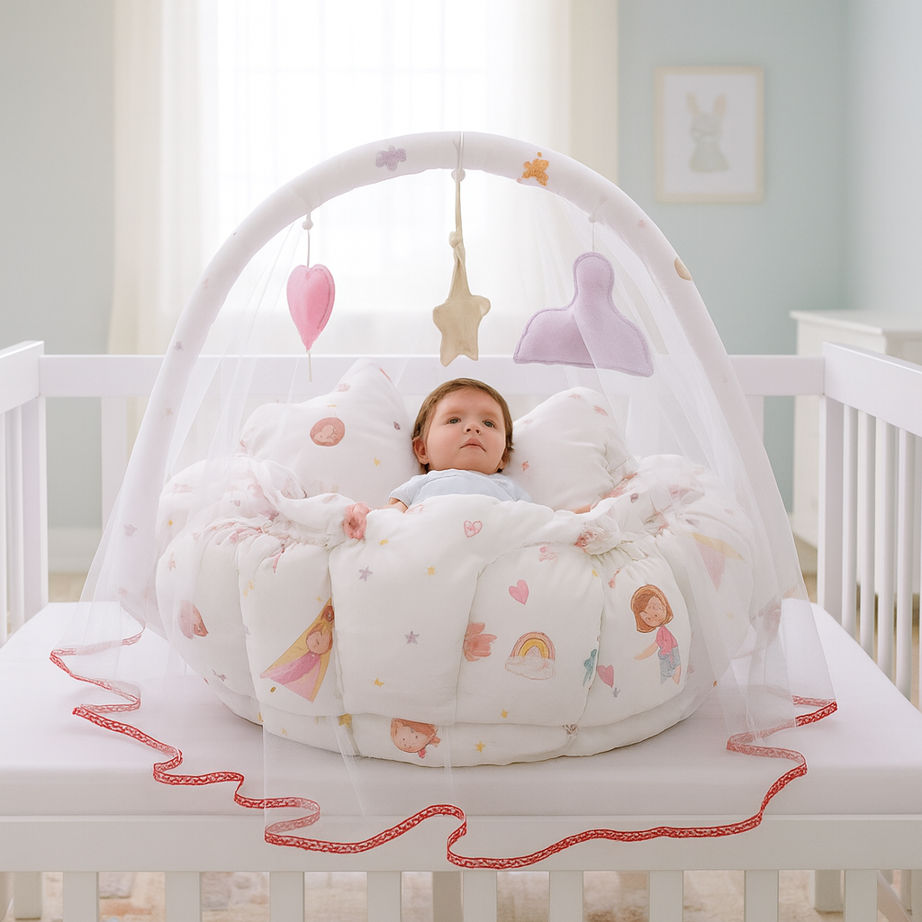 Printed Cotton Baby Round Cot with Pillows & Mosquito Net – White - Paidaish 
