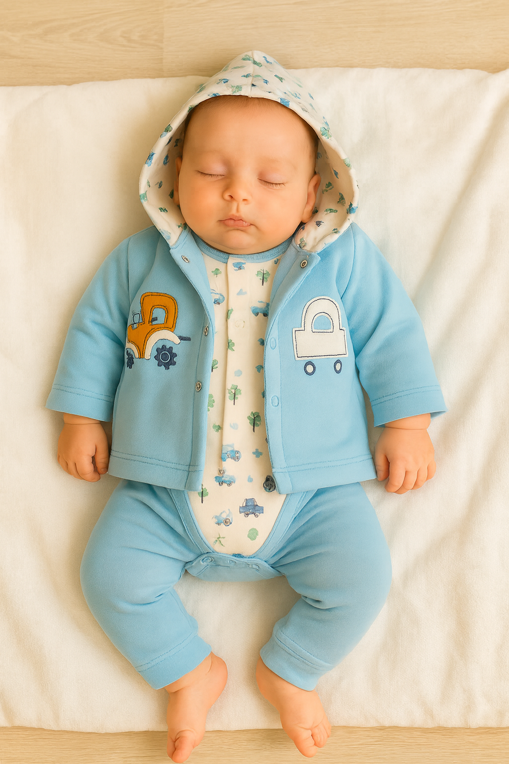 3 Pcs Winter Baby Gift Set / Fleece Outfit – Sky Blue Car Design (0 Size)