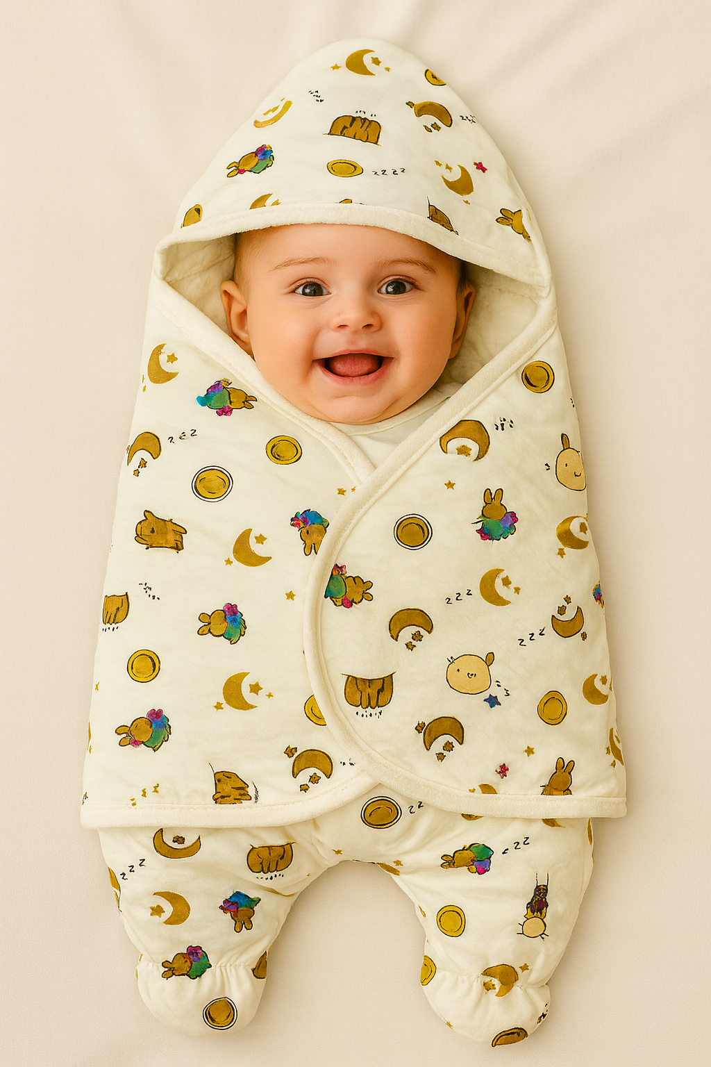 Bunny & Moon Printed Baby Swaddle Leggy / Double-Sided Fleece Blanket – Cream