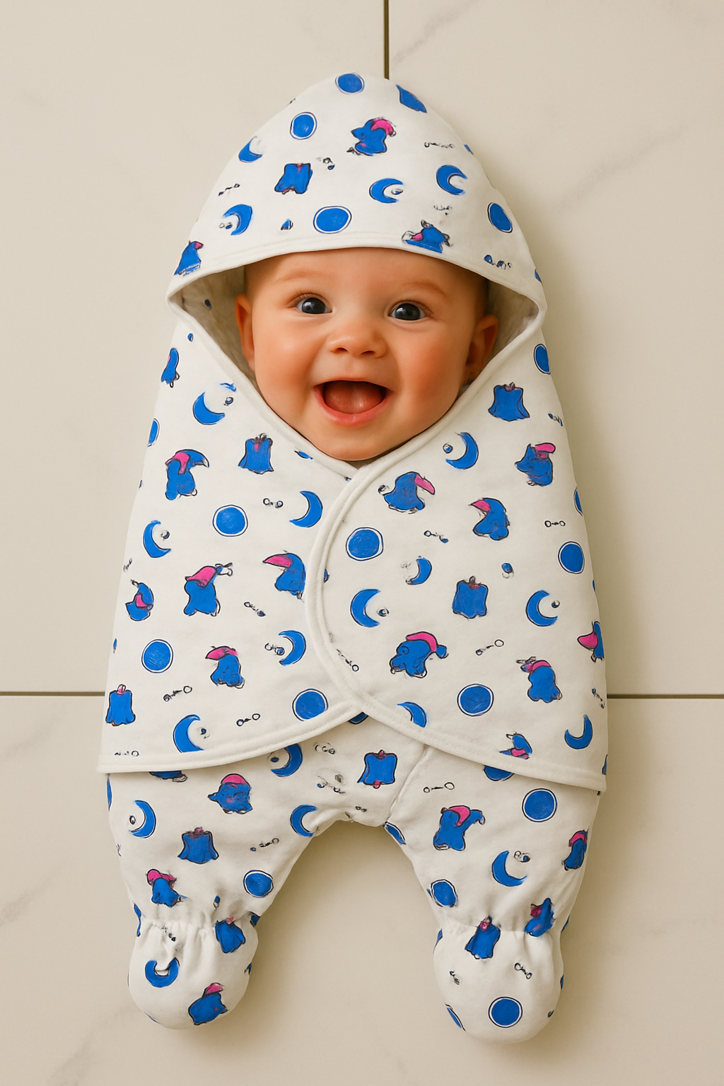 Moon & Owl Printed Baby Swaddle Leggy / Double-Sided Fleece Blanket – Blue