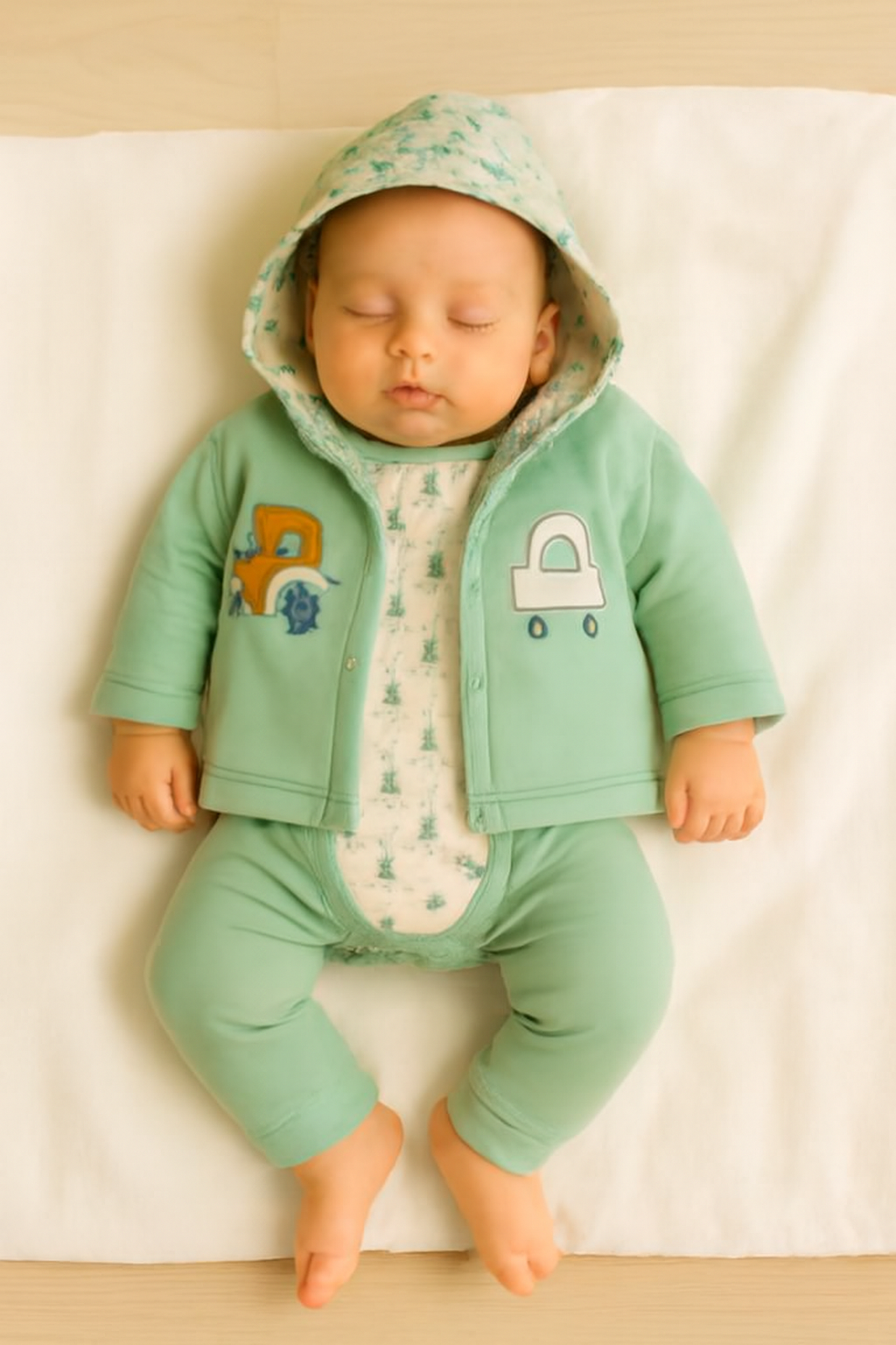 3 Pcs Winter Baby Gift Set / Fleece Outfit – Pale Green Car Design (0 Size)