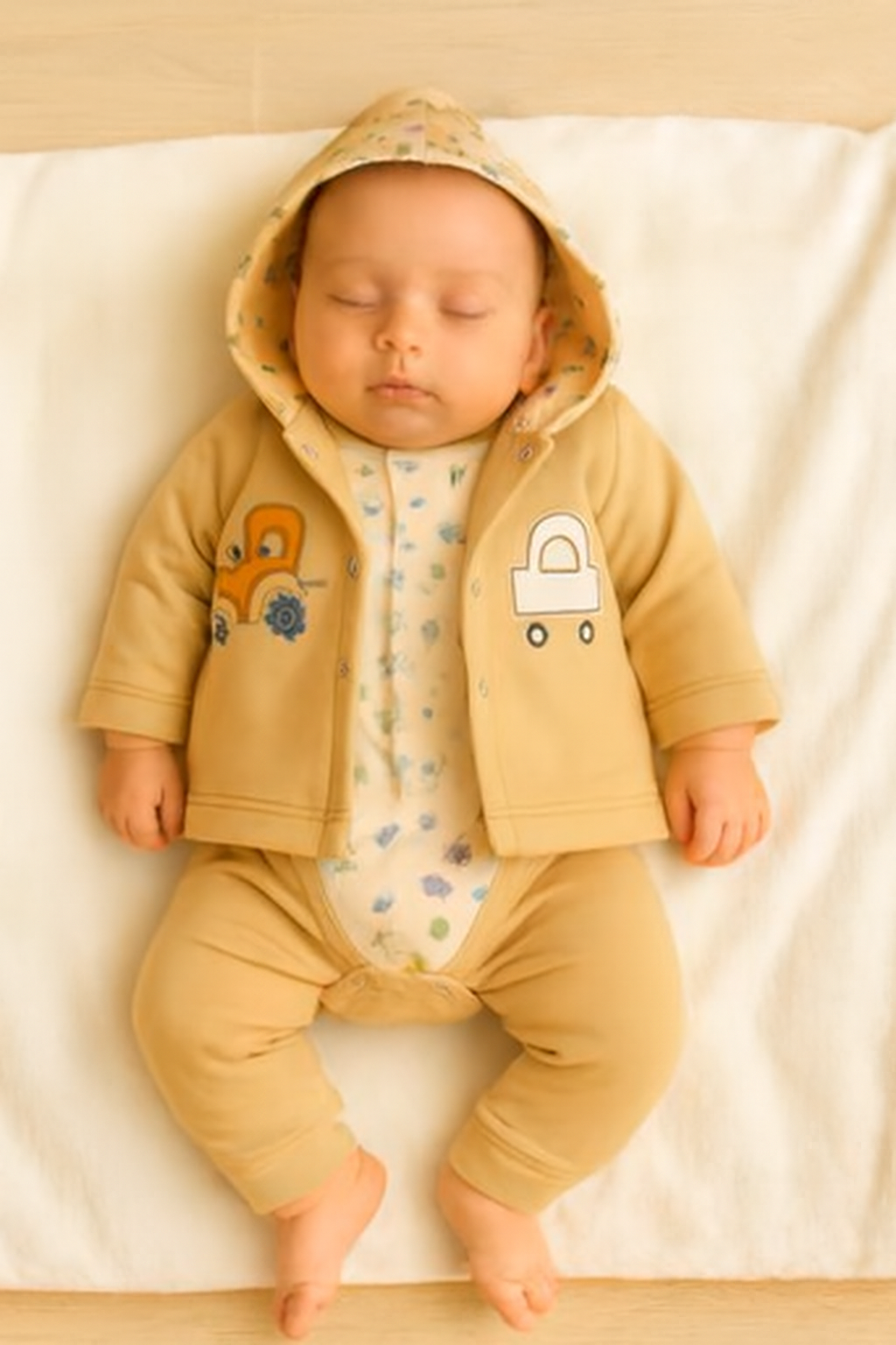 3 Pcs Winter Baby Gift Set / Fleece Outfit – Warm Sand Car Design (0 Size)