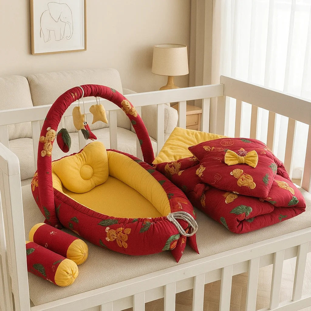 Printed Cotton Baby Snuggle Bed Set- Red Oriented - Paidaish 