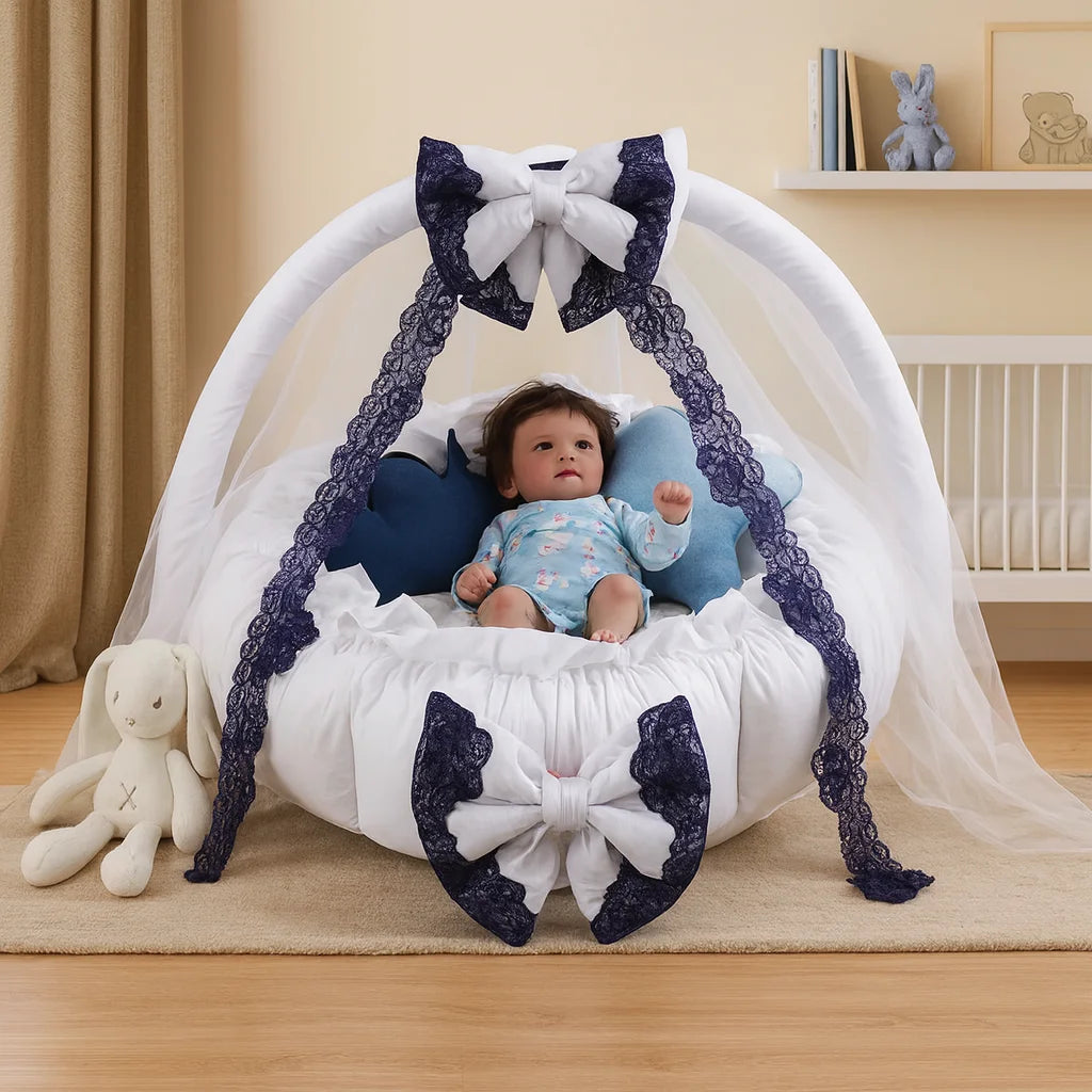 Luxury Baby Round Snuggle Bed with Soft Pillows & Mosquito Net – White - Paidaish 