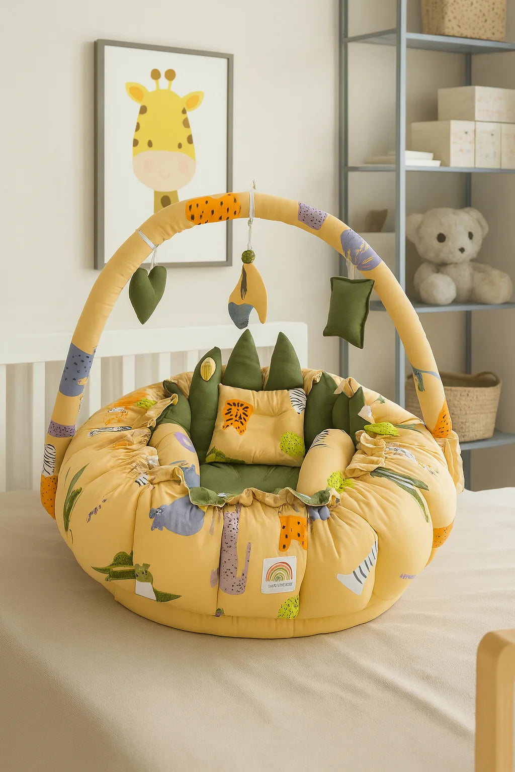 Printed Cotton Baby Round Cot with Soft Pillows & Toy Hanging Rod Yellow – Green - Paidaish 