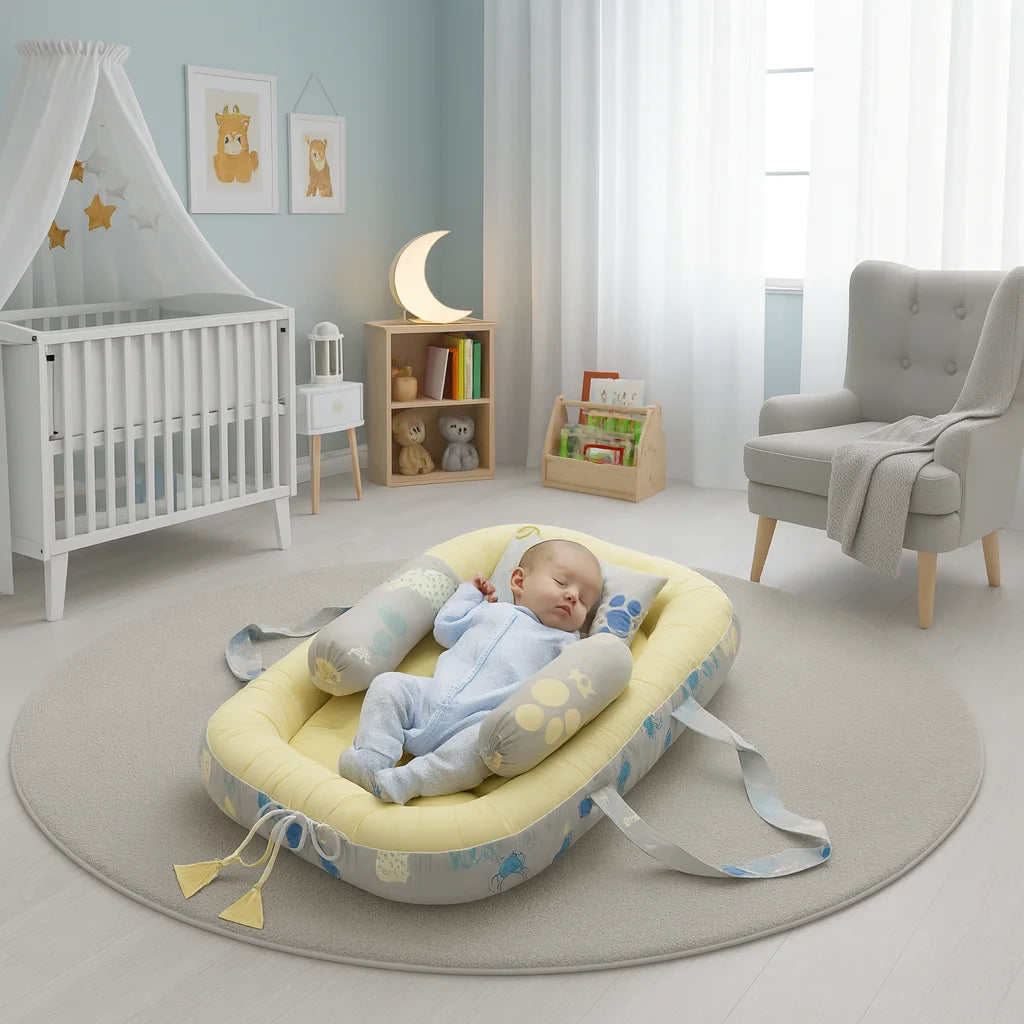 Printed Cotton Baby Nest Set – 4 Pcs | Yellow Moon & Star Design - Paidaish 