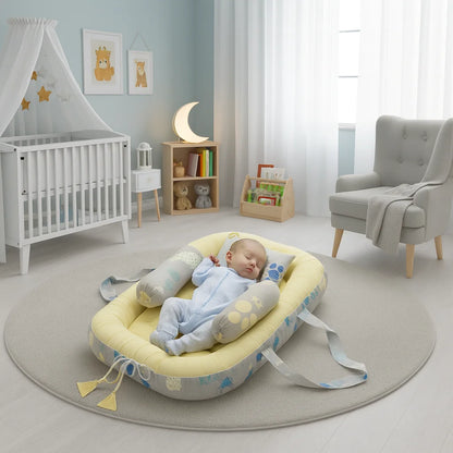 Printed Cotton Baby Nest Set – 4 Pcs | Yellow Moon & Star Design - Paidaish 