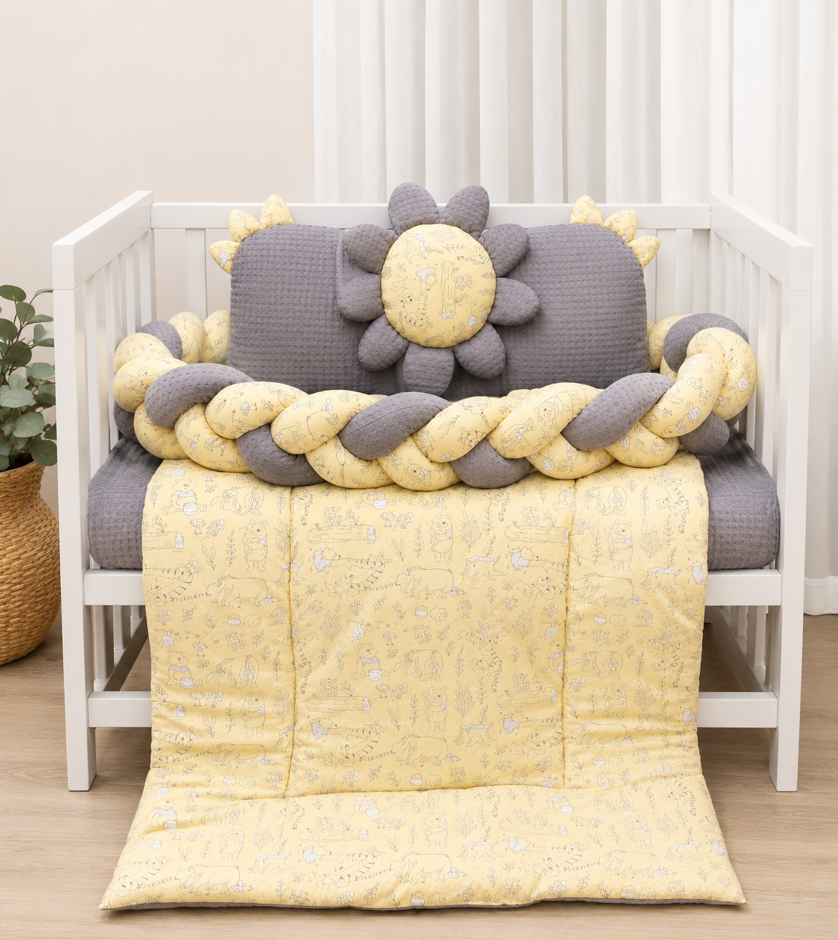 Printed Cotton Baby Cot Set – Gray | 7-Piece Newborn Bedding & Blanket Set
