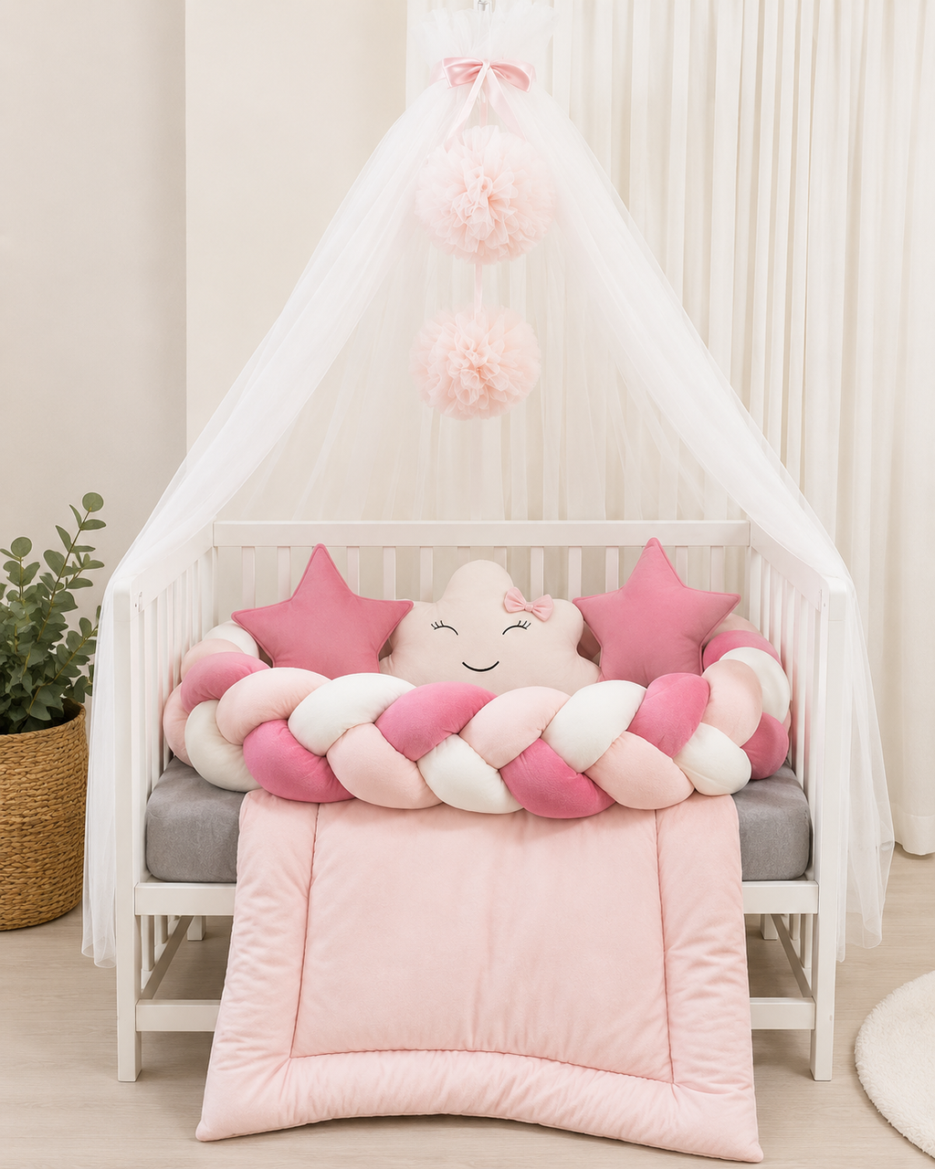 Luxury Velvet Baby Canopy Set – Pink | 8-Piece Newborn Bedding & Nest Set