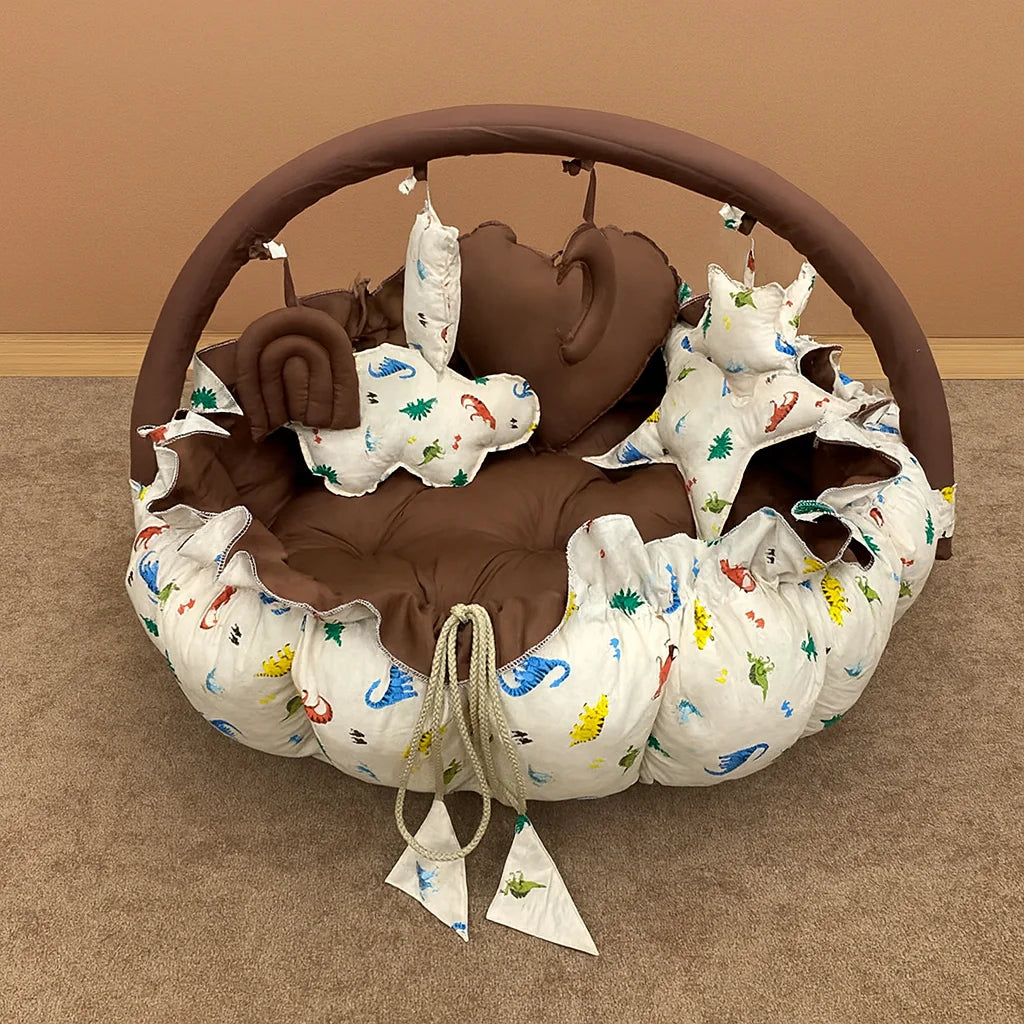 Printed Cotton Baby Round Snuggle Bed with Pillows – Brown Animal Design - Paidaish 