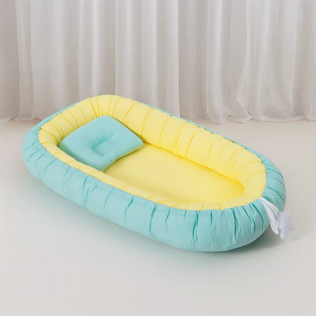 Cotton Baby Snuggle Bed with Pillow – Yellow & Cadet Blue - Paidaish 