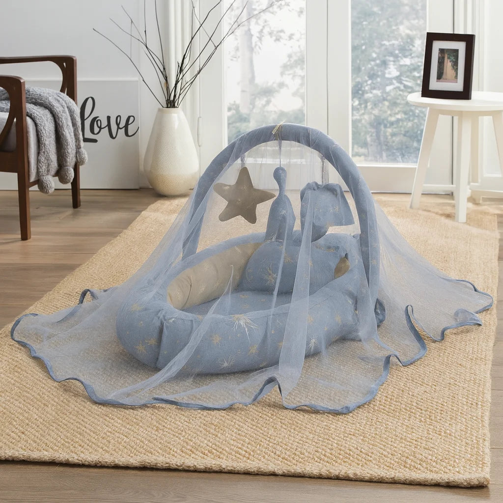 Printed Cotton Baby Snuggle Set with Mosquito Net – Olive Deer | Soft Newborn Nest - Paidaish 