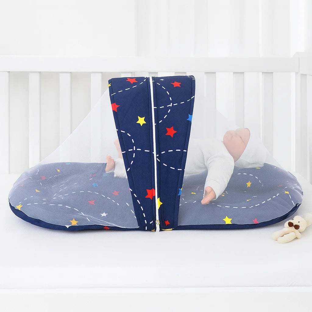 Printed Baby Mosquito Net with Pillow – Blue Star | Soft Cotton Newborn Set - Paidaish 