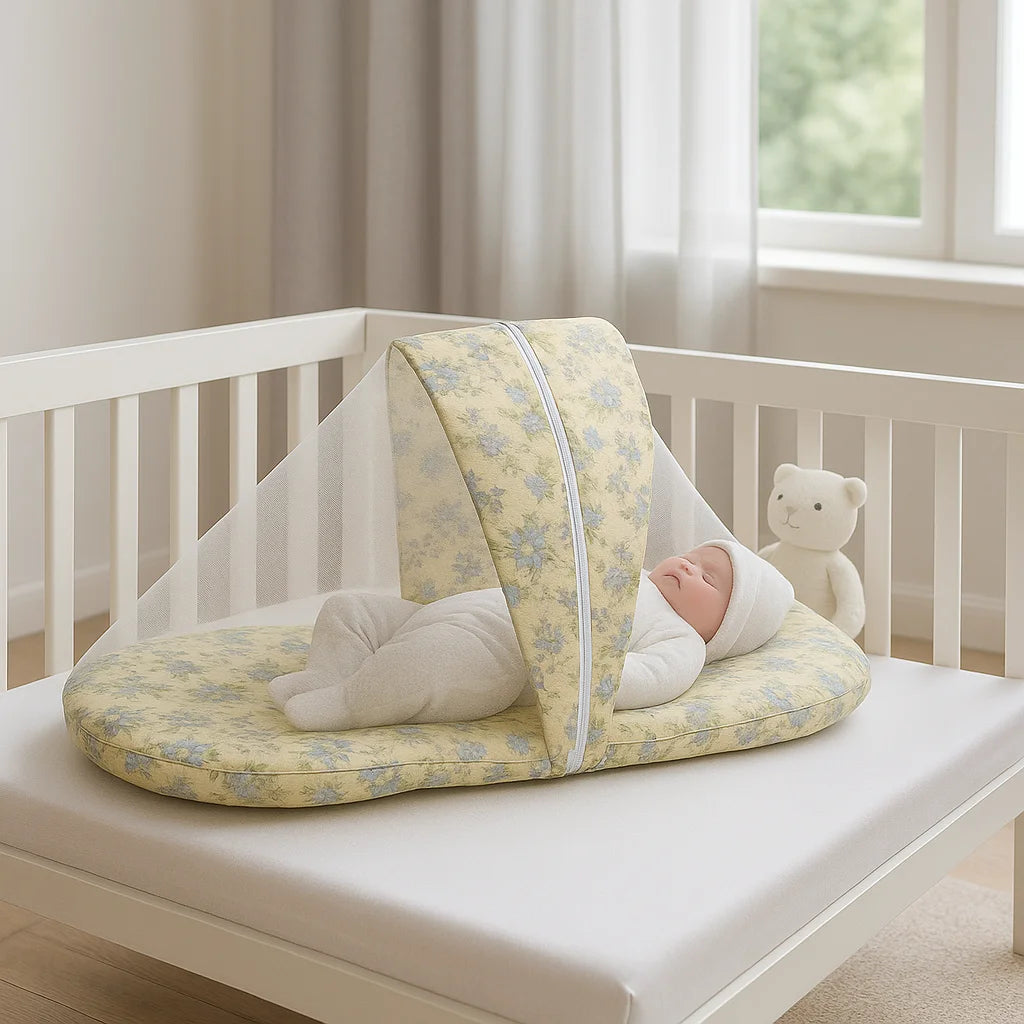 Printed Baby Mosquito Net with Pillow – Floral | Soft Cotton Newborn Set - Paidaish 