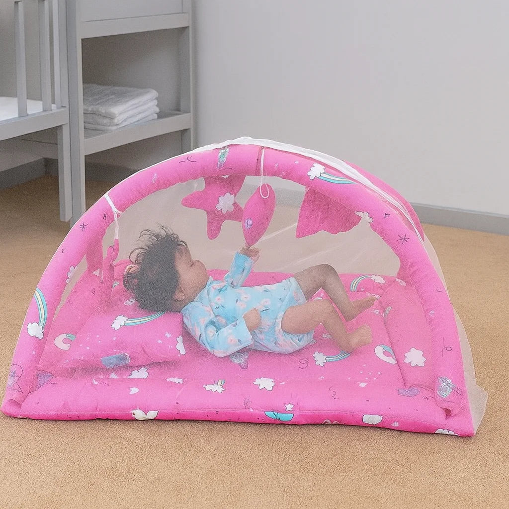 Baby Snuggle Mosquito Net with Pillow & Toy Hangings – Pink Rainbow - Paidaish 