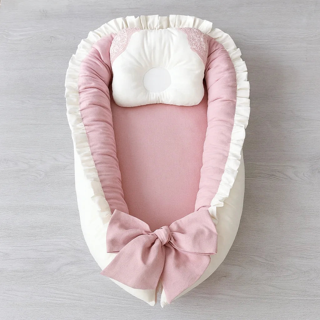 Cotton Satin Baby Snuggle Bed with Head Pillow – Sea Pink & White - Paidaish 