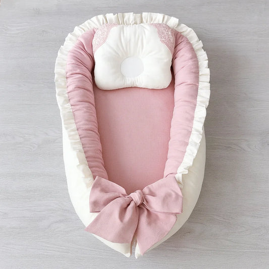 Cotton Satin Baby Snuggle Bed with Head Pillow – Sea Pink & White - Paidaish 