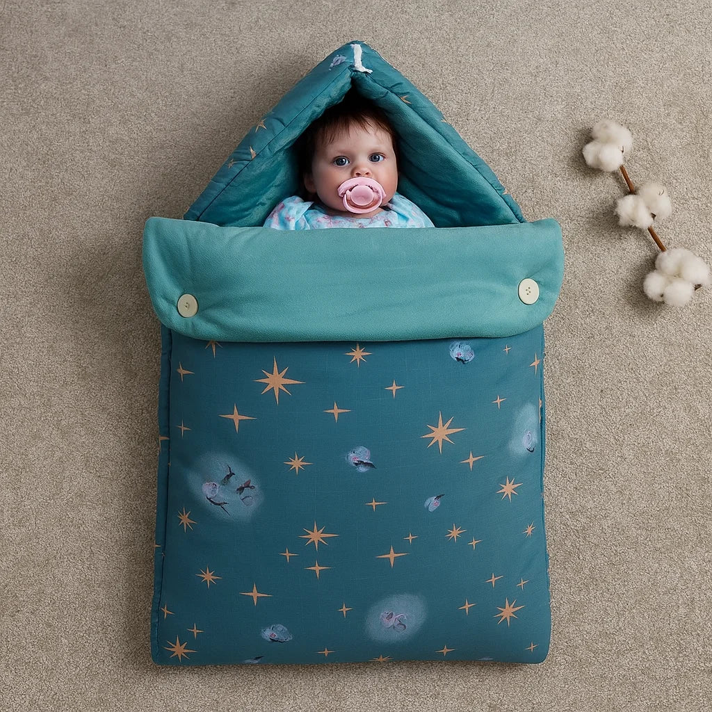 Velvet Hooded Baby Carry Nest – Green Fireflies | Soft & Cozy Newborn Bed - Paidaish 