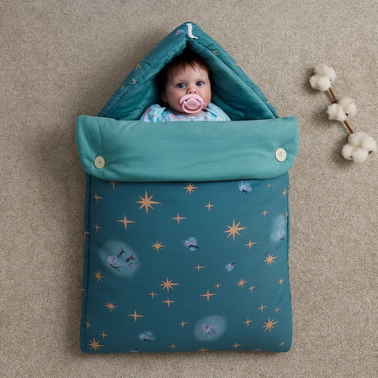 Velvet Hooded Baby Carry Nest – Green Fireflies | Soft & Cozy Newborn Bed - Paidaish 