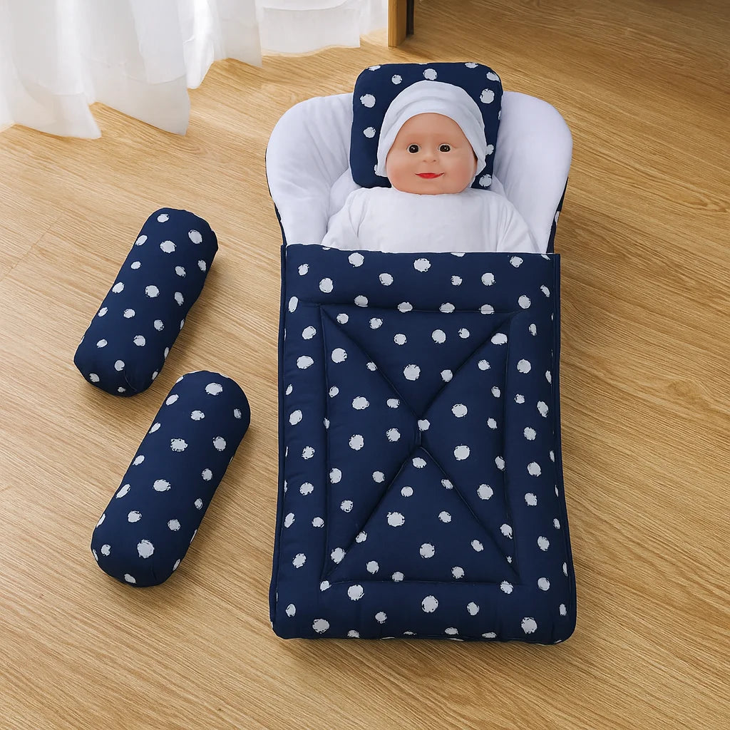 Cotton Printed Baby Carry Nest with Pillows – Blue & White - Paidaish 
