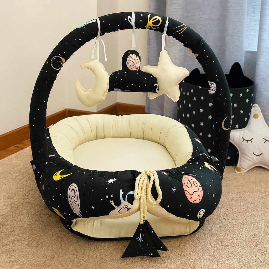 Printed Baby Snuggle Bed with Hanging Rod – Galaxy Black | Cotton Newborn Nest - Paidaish 
