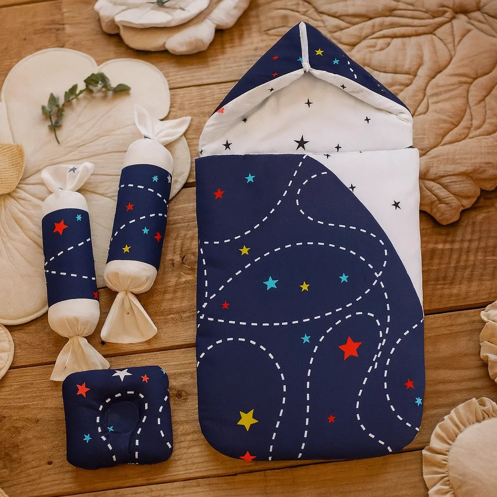 Cotton Printed Baby Carry Nest with Pillows – Blue | Soft Newborn Bedding Set - Paidaish 
