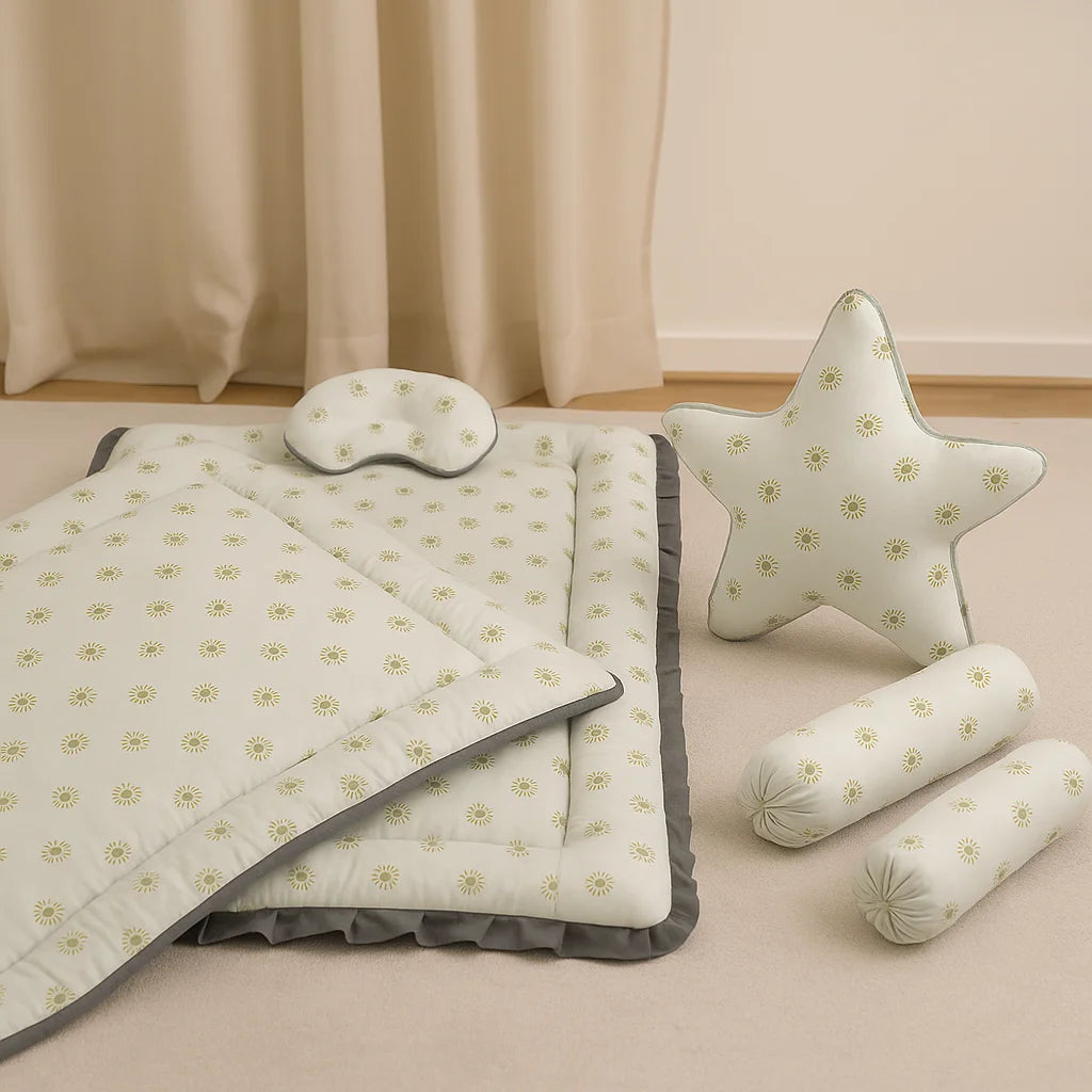 Printed Cotton Baby Bed Set – 6 Pcs | Floral Gray - Paidaish 
