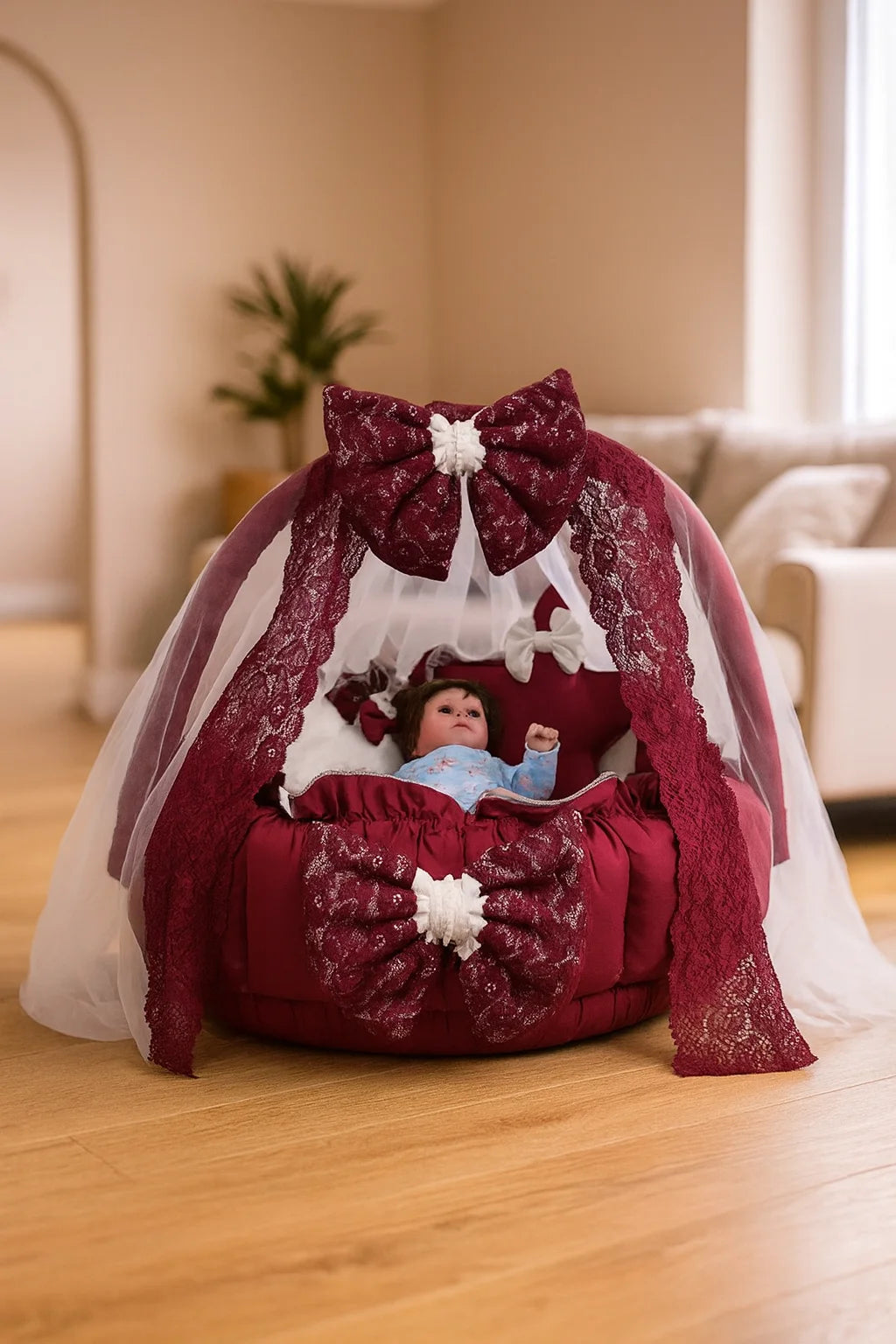 Luxury Cotton Baby Round Snuggle Bed with Soft Pillows & Protective Net – Maroon & Off-White - Paidaish 