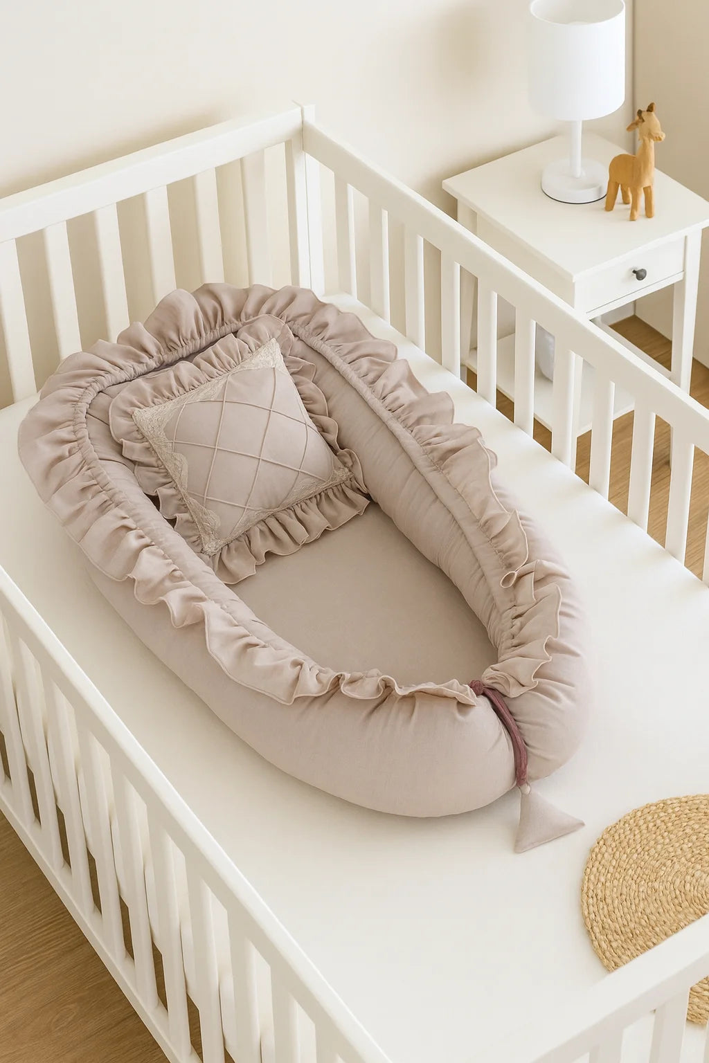 Luxury Double Frilly Baby Nest with Pillow – Beige | Soft Cotton Newborn Bed - Paidaish 