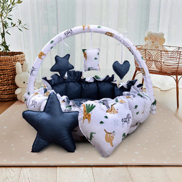 Printed Baby Round Snuggle Bed with Pillows- Teal Forest