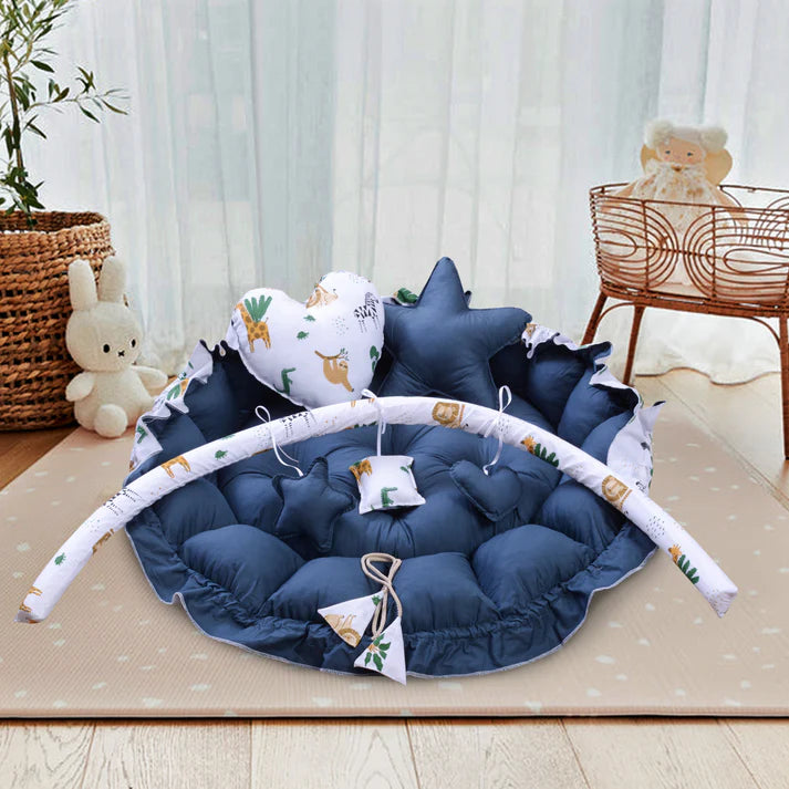 Printed Baby Round Snuggle Bed with Pillows- Teal Forest