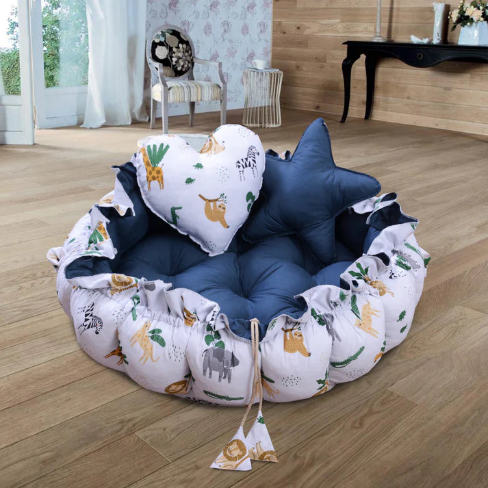 Printed Baby Round Snuggle Bed with Pillows- Teal Forest