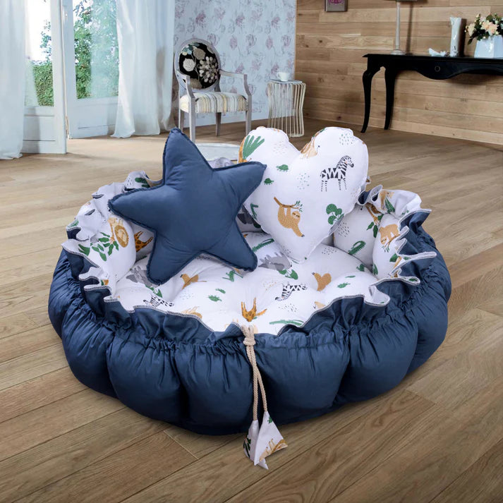 Printed Baby Round Snuggle Bed with Pillows- Teal Forest