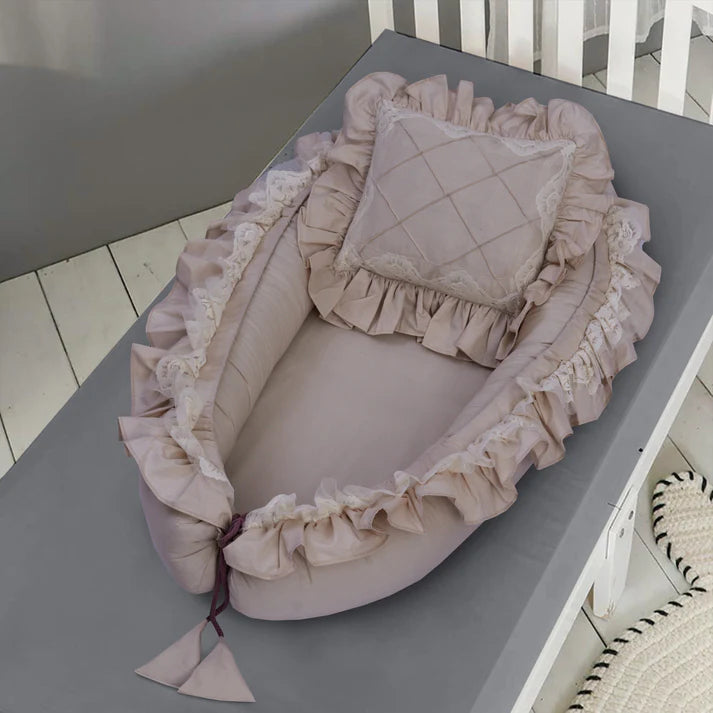 Luxury Double Frilly Baby Nest with Pillow – Beige | Soft Cotton Newborn Bed - Paidaish 