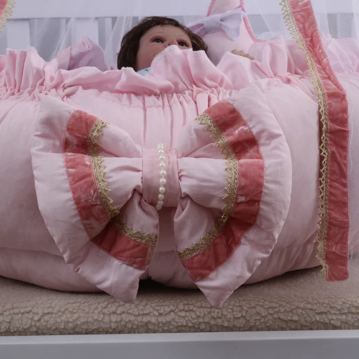 Luxury Baby Round Snuggle Bed with Pillows & Net- Pink Star
