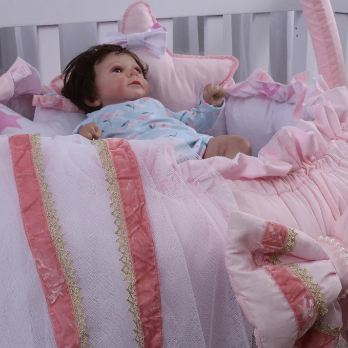 Luxury Baby Round Snuggle Bed with Pillows & Net- Pink Star