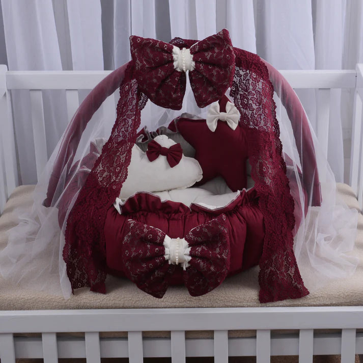 Luxury Cotton Baby Round Snuggle Bed with Soft Pillows & Protective Net – Maroon & Off-White - Paidaish 