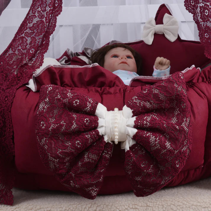 Luxury Cotton Baby Round Snuggle Bed with Soft Pillows & Protective Net – Maroon & Off-White - Paidaish 