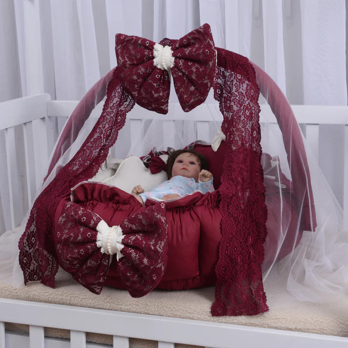 Luxury Cotton Baby Round Snuggle Bed with Soft Pillows & Protective Net – Maroon & Off-White - Paidaish 
