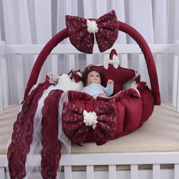Luxury Cotton Baby Round Snuggle Bed with Soft Pillows & Protective Net – Maroon & Off-White - Paidaish 