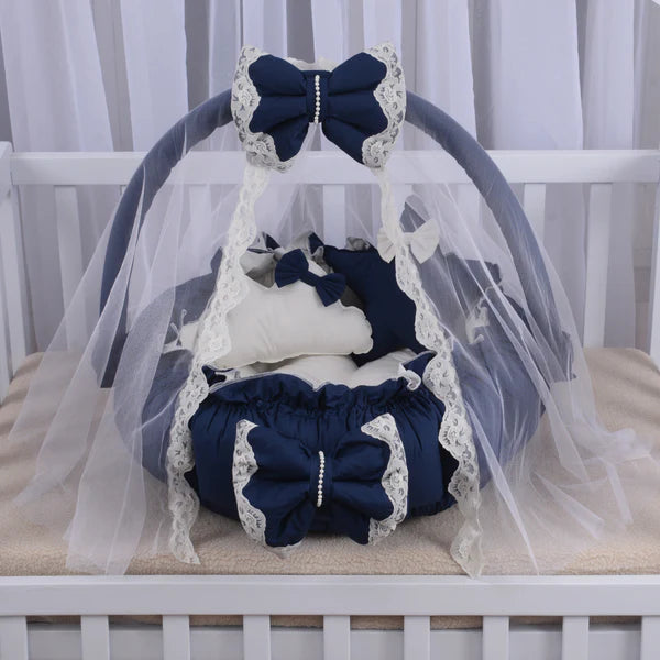 Luxury Baby Round Snuggle Bed with Pillows & Mosquito Net – Navy Blue & Off White - Paidaish 