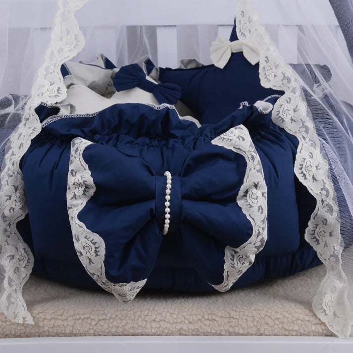 Luxury Baby Round Snuggle Bed with Pillows & Mosquito Net – Navy Blue & Off White - Paidaish 