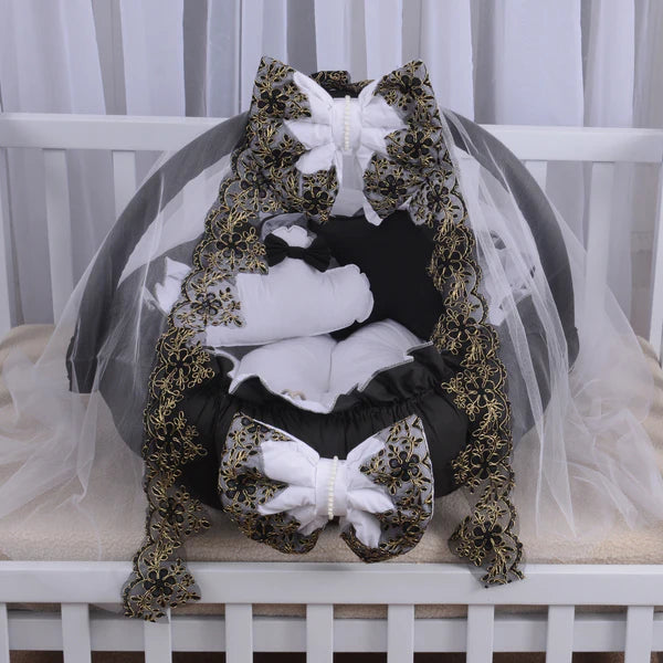 Luxury Baby Round Snuggle Bed with Pillows and Net- Black & White