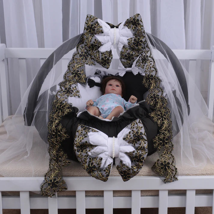 Luxury Baby Round Snuggle Bed with Pillows and Net- Black & White