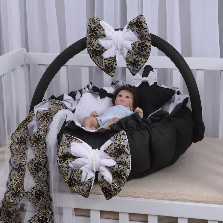 Luxury Baby Round Snuggle Bed with Pillows and Net- Black & White