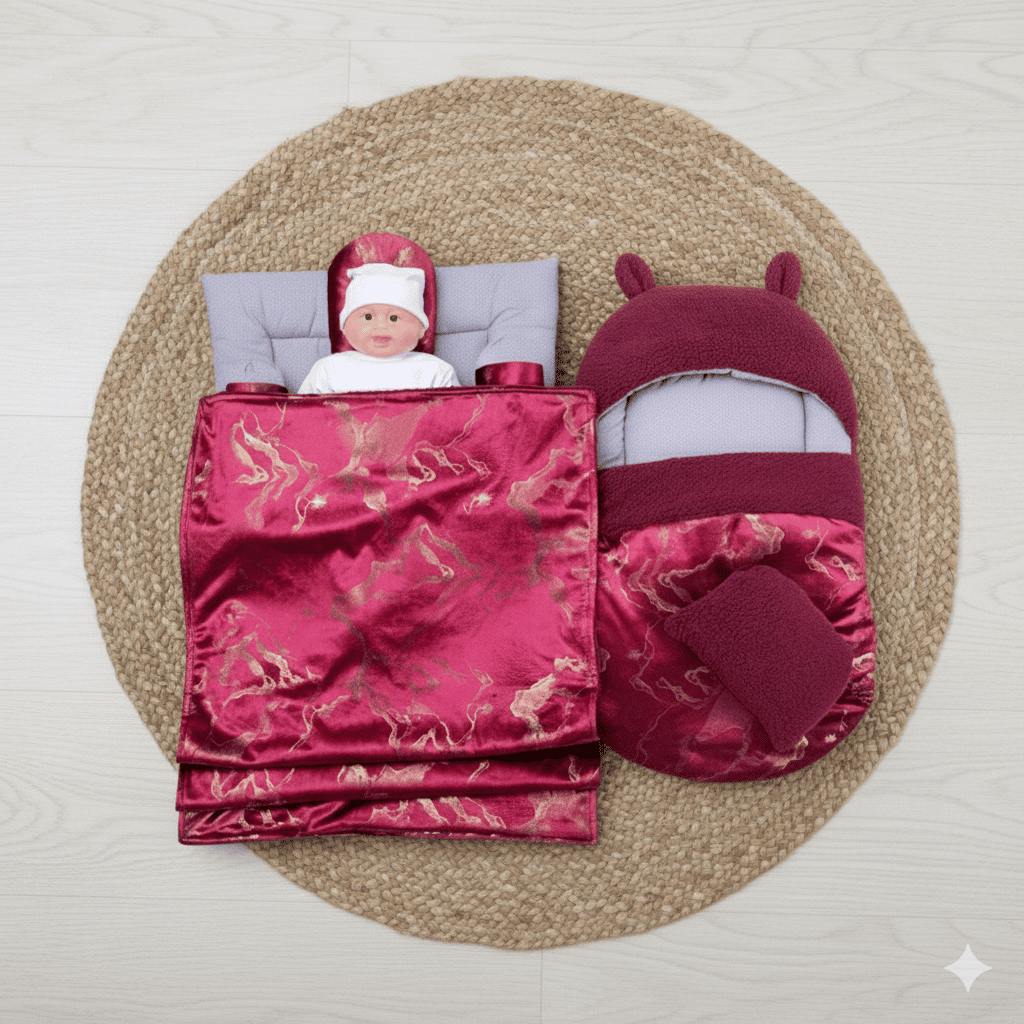 Texture Velvet / Sherpa Baby Set – 7 Pcs – Maroon | Newborn Baby Set (0–6 Months)